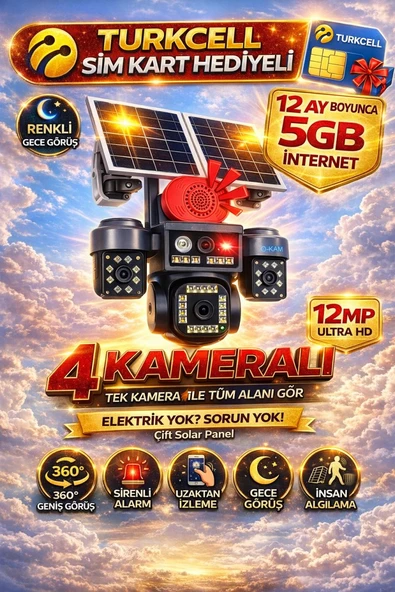 O-Kam OK337-B Premium 12MP 4 Kameralı 4G Çift Solar Panel AOV Gece Görüş Sesli Konuşma 1 Yıl Turkcell İnternet ürün görseli 1