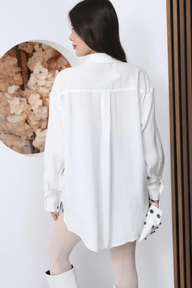Kadın Beyaz Oversize Uzun Basic Gömlek - Resim 2