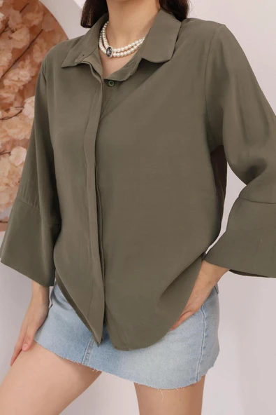 Kadın Slim Fit Dar Kesim Vücuda Oturan Uzun Kollu Haki Gömlek ürün görseli 1
