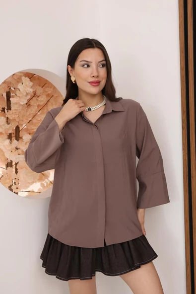 Kadın Slim Fit Dar Kesim Vücuda Oturan Uzun Kollu Gül Kurusu Gömlek ürün görseli 1