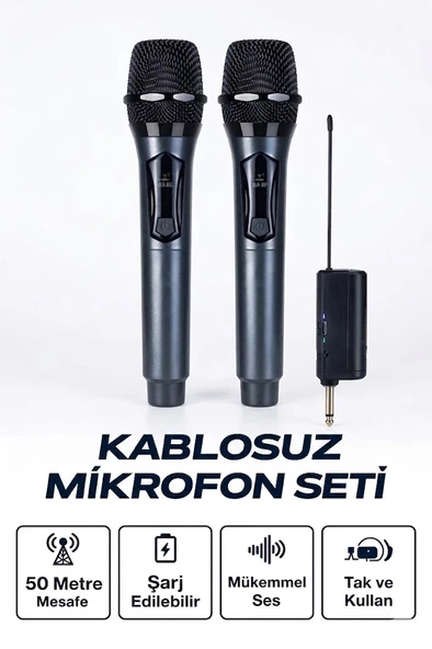 Profesyonel Çiftli Kablosuz Mikrofon Seti Karaoke Şarj Edilebilir 50 Metre ürün görseli 1