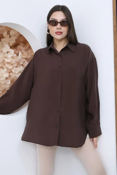 Kadın Kahverengi Oversize Uzun Basic Gömlek ürün görseli 1