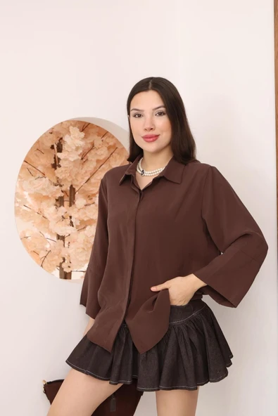 Kadın Slim Fit Dar Kesim Vücuda Oturan Uzun Kollu Kahve Gömlek ürün görseli 1