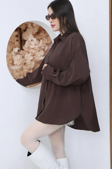 Kadın Kahverengi Oversize Uzun Basic Gömlek - Resim 2