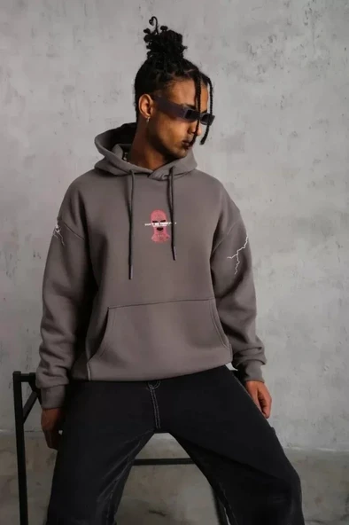 Erkek Maske Baskılı Kapüşonlu Sweat - Gri - Resim 3