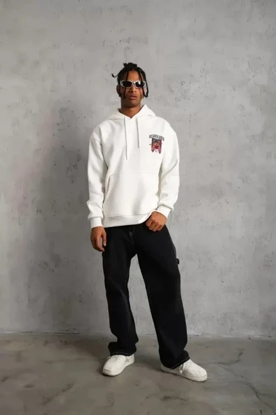 Erkek SCHOOL BOY Baskılı Kapüşonlu Sweat - Beyaz - Resim 4