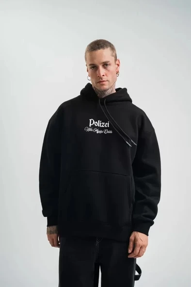 POLIZEI Premium Kalite Kapşonlu Dijital Patchli SweatShirt - Siyah ürün görseli 1