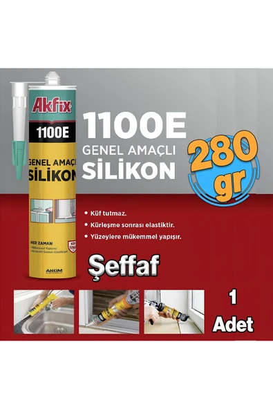 Akfix Genel Amaçlı Silikon Yapıştırma Sızıntı Önleyici Dolgu Silikonu 280 gr 1 Adet Akfix 1100E ŞEFFAF ürün görseli 1