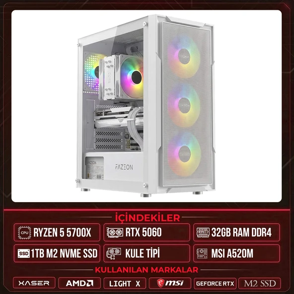 Xaser Light X20 Ryzen 7 5700X 32GB Ram 1TB M.2 NVMe SSD 8GB RTX5060 Masaüstü Oyuncu OEM Bilgisayar ürün görseli 1