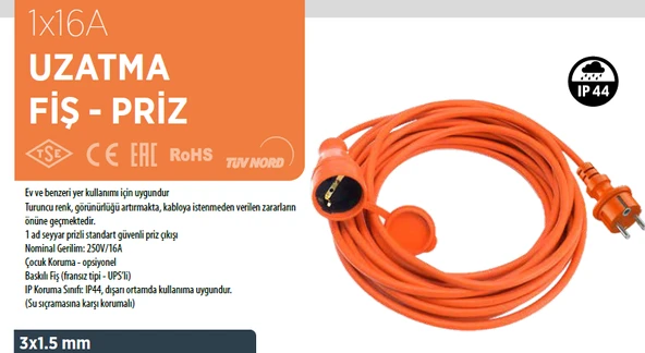 BYLION SEYYAR UZATMA KABLO 3x1,5 MM 20 MT TURUNCU ürün görseli 1