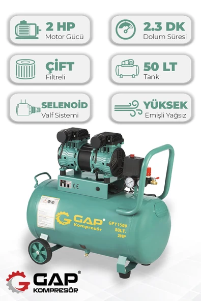 GAP Kompresör Hava Kompresörü Yüksek Emişli Yağsız Teknoloji 50 Lt Gpy1500 ürün görseli 1