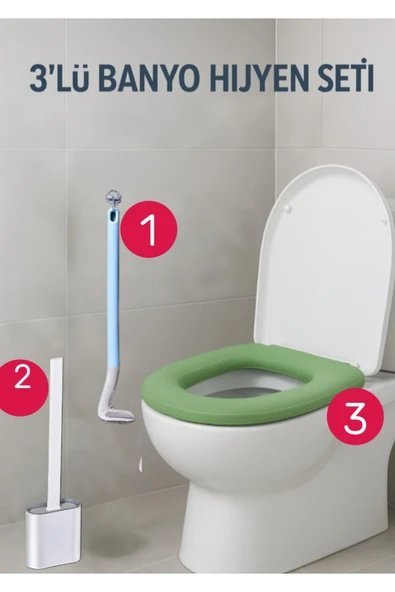 Primeaks 3’lü Banyo Hijyen Seti – Silikon Klozet Fırçası + Duvara Asılabilir Fırça + Konforlu Oturma Pedi ürün görseli 1
