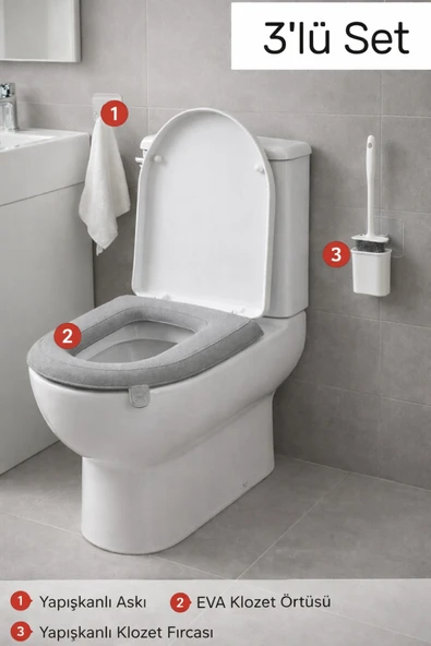Primeaks 3’lü Banyo Seti – EVA Klozet Süngeri, Duvara Yapışan Klozet Fırçası ve 5 Kancalı Yapışkanlı Askı ürün görseli 1