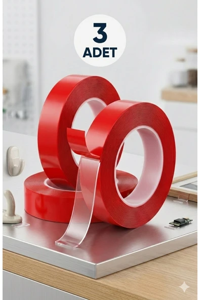 Primeaks 3 Adet Güçlü Şeffaf Çift Taraflı Bant - Silikon Akrilik Montaj Bandı (3'lü Paket) ürün görseli 1