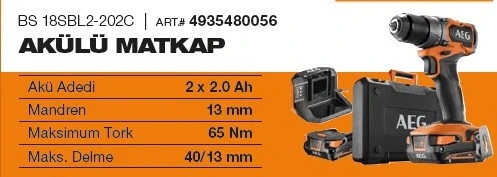 AEG BS18SBL-202C KÖMÜRSÜZ AKÜLÜ VIDALAMA ürün görseli 1