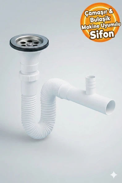 Primeaks Çamaşır veya Bulaşık Makinesi Çıkışlı Lavabo Altı Körüklü Sifon | Adaptör Conta Hediyeli ürün görseli 1