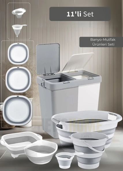 11'li Set Çamaşır Sepeti- Katlanır Sele- Badya- Kova- Maşrapa- Süzgeç- Kesim Panosu-Huniler BPA Free ürün görseli 1