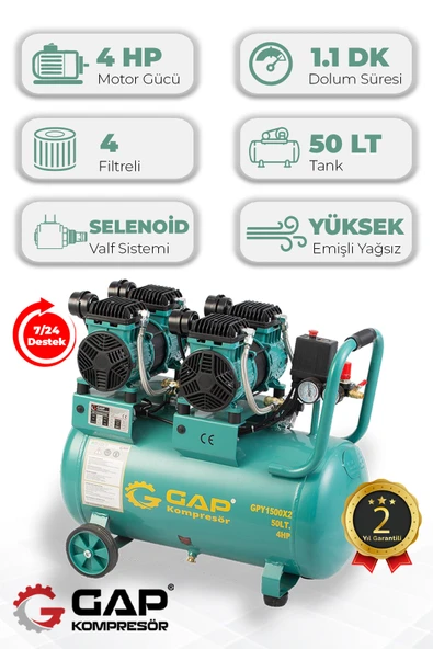 GAP Kompresör Hava Kompresörü Yüksek Emişli Yağsız Teknoloji 50lt Gpy1500x2 ürün görseli 1