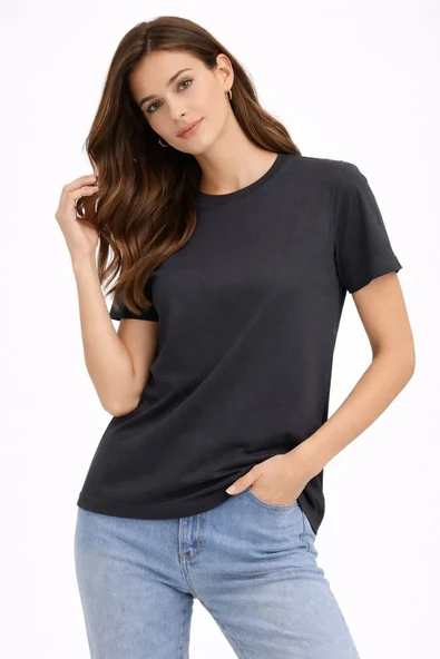 Kadın Bisiklet Yaka Tişört Regular Kalıp Basic Pamuklu Günlük Kullanım T-shirt - Füme ürün görseli 1