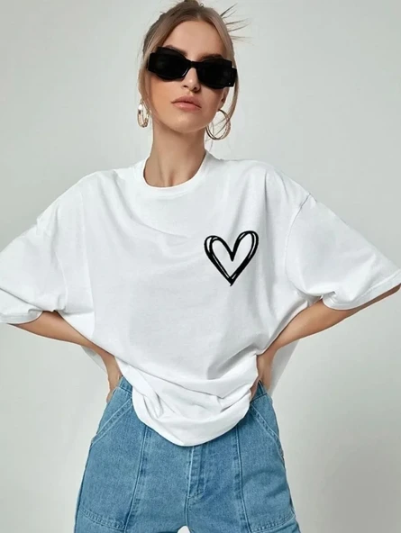 Kadın Bisiklet Yaka Baskılı Oversize T-shirt - Beyaz ürün görseli 1