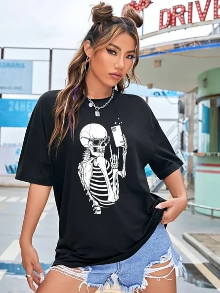 Baskılı Kadın T-shirt - Siyah - Resim 2
