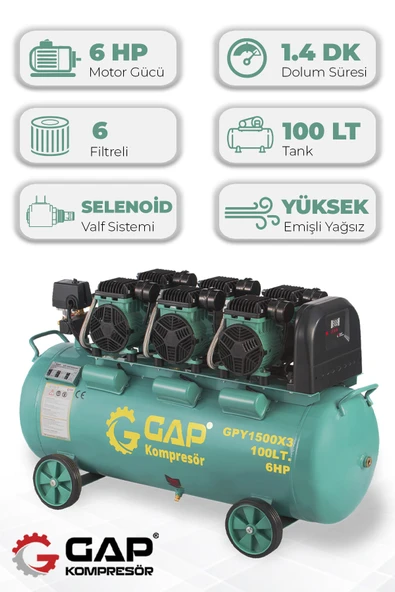GAP Kompresör Hava Kompresörü Yüksek Emişli Yağsız Teknoloji 100lt Gpy1500x3 ürün görseli 1