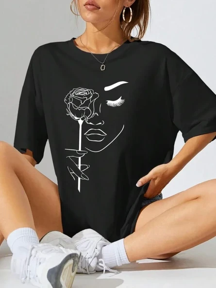 Kadın Baskılı Oversize T-shirt - Siyah ürün görseli 1