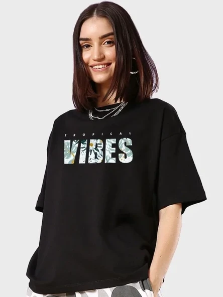 Kadın Baskılı Oversize T-shirt - Siyah ürün görseli 1