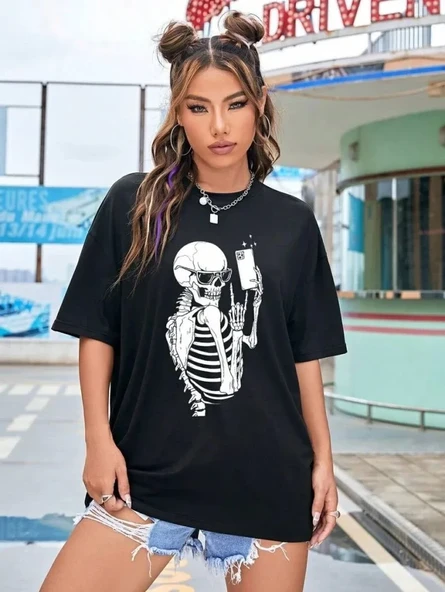 Baskılı Kadın T-shirt - Siyah - Resim 4