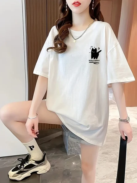 20/1 Penye Compack Tatlı Kedi Baskılı Oversize Bisiklet Yaka T-shirt - Beyaz ürün görseli 1