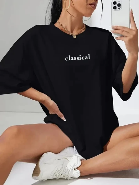 20/1 Penye Compack Classical Baskılı Siyah Oversize Tişort - Siyah ürün görseli 1