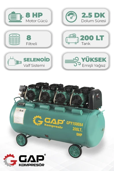 GAP Kompresör Hava Kompresörü Yüksek Emişli Yağsız Teknoloji 200 Lt Gpy1500x4 ürün görseli 1