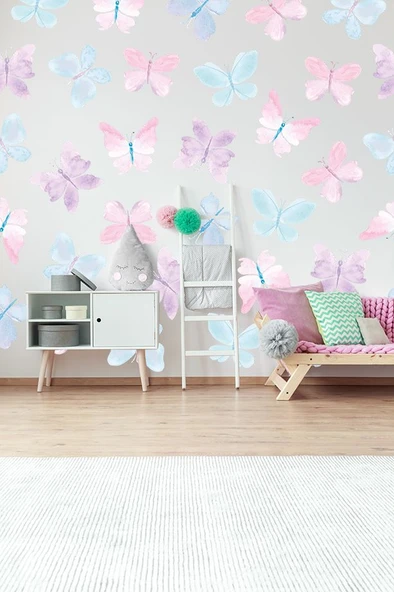 Pembe Kelebekler Temalı 20 Parça Çocuk Ve Bebek Odası Dekoratif Duvar Sticker Seti ürün görseli 1
