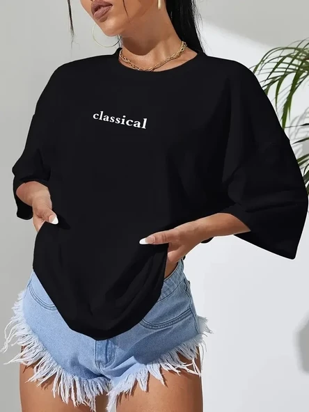 20/1 Penye Compack Classical Baskılı Siyah Oversize Tişort - Siyah - Resim 4