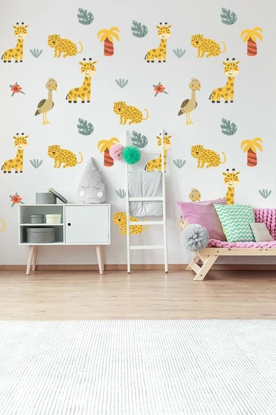 Safari Dostları Temalı 50 Parça Çocuk Ve Bebek Odası Dekoratif Duvar Sticker Seti ürün görseli 1