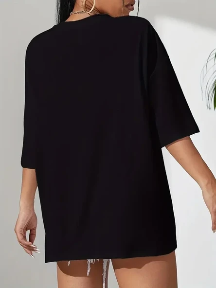 20/1 Penye Compack Classical Baskılı Siyah Oversize Tişort - Siyah - Resim 2