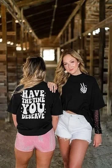 Kadın Bisiklet Yaka Kısa Kol Baskılı T-shirt - Siyah ürün görseli 1