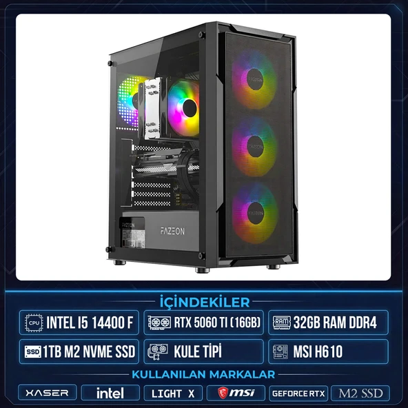 Xaser Light X90 i5 14400F 32GB Ram 1TB M.2 NVMe SSD 16GB RTX5060 Ti Masaüstü Oyuncu OEM Bilgisayar ürün görseli 1