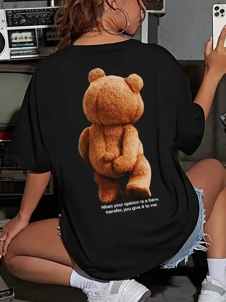 Büyük Boy Ayıcık Baskılı Bisiklet Yaka T-shirt, İlkbahar & Yaz İçin Rahat Kısa Kollu T-shirt, Kadın Giyim - Siyah ürün görseli 1