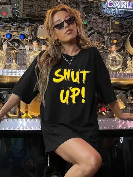 20/1 Penye Compack Shut Up Baskılı Oversize Bisiklet Yaka Kısa Kol T-shirt - Siyah ürün görseli 1