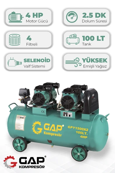 GAP Kompresör Hava Kompresörü Yüksek Emişli Yağsız Teknoloji 100 lt GPY1500x2/100 ürün görseli 1