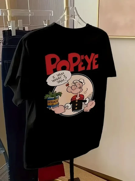 Erkek Oversize Tişörtü  Popeye The Sailor Retro Vintage Ispanak | Hediye Olarak İdealdir, Farklı Boyutları Mevcuttur. - Siyah ürün görseli 1