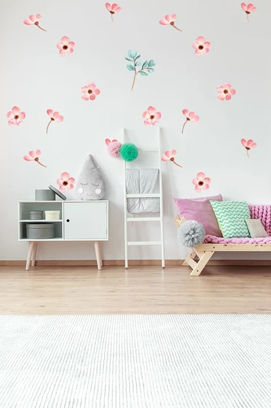 Pembe Çiçek Temalı 20 Parça Çocuk Ve Bebek Odası Dekoratif Duvar Sticker Seti (Figür 2) ürün görseli 1