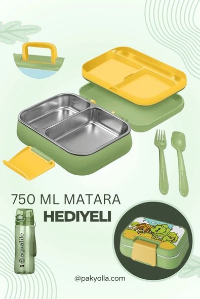 Pakyolla HAPPİ Paslanmaz Çelik 2 Bölmeli Beslenme Kabı Seti + 1030 ml Aqualife Matara Hediye ürün görseli 1
