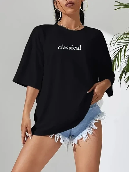 20/1 Penye Compack Classical Baskılı Siyah Oversize Tişort - Siyah - Resim 3