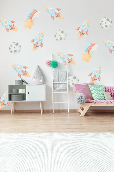 Sevimli Uzay Mekiği ve Ay Temalı 20 Parça Çocuk Ve Bebek Odası Dekoratif Duvar Sticker Seti (Figür 2) ürün görseli 1