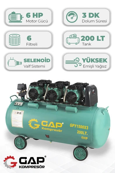 GAP Kompresör Hava Kompresörü Yüksek Emişli Yağsız Teknoloji 200 lt GPY1500x3/200 ürün görseli 1
