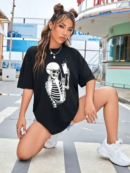 Baskılı Kadın T-shirt - Siyah - Resim 3