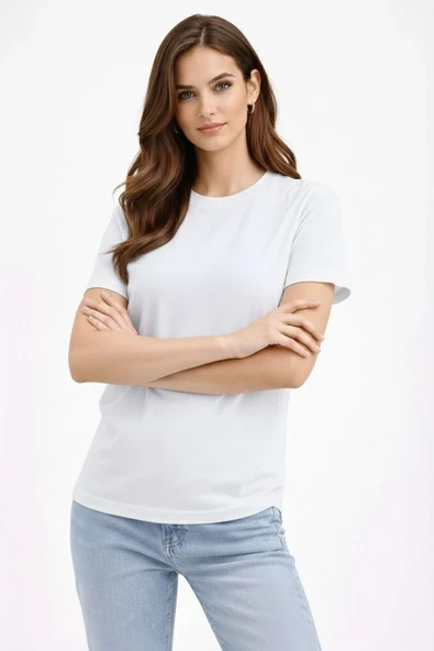 Kadın Bisiklet Yaka Tişört Regular Kalıp Basic Pamuklu Günlük Kullanım T-shirt - Beyaz ürün görseli 1