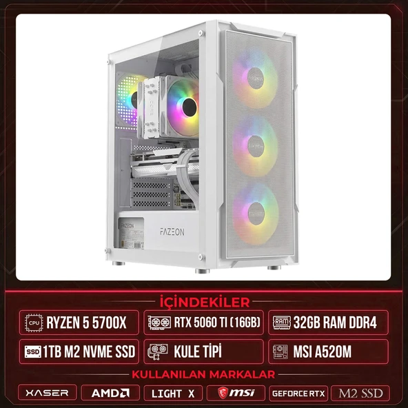 Xaser Light X40 Ryzen 7 5700X 32GB Ram 1TB M.2 NVMe SSD 16GB RTX5060 Ti Masaüstü Oyuncu OEM Bilgisayar ürün görseli 1